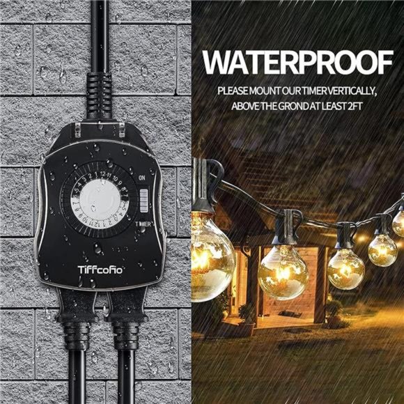 Outdoor Timer Outlet,  Outdoor Light Timer Waterproof, 2 Grounded Outlets - Picture 4 of 7